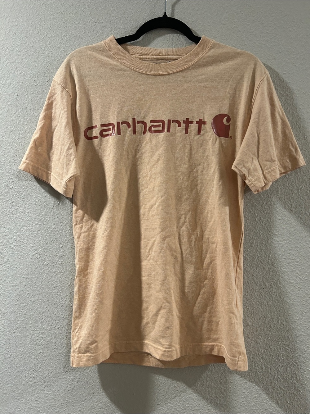 Carhartt Short Sleeve Logo Tee in Peach with Rust Print